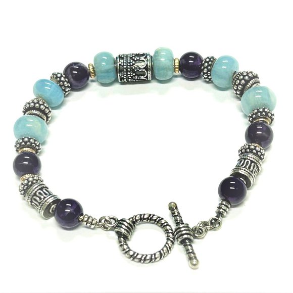 Genuine Aquamarine and Amethyst Bracelet/Sterling Silver - Picture 1 of 5